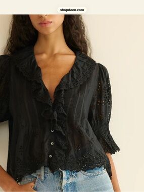 Doen Black Eyelet Ruffle Button-Front Blouse